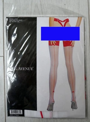 Leg Avenue Sheer White Seamed Stockings: Red Lace Contrast Tops, Seams and Bows - Image 1 of 4