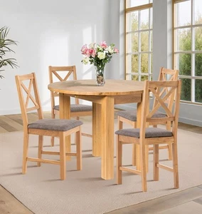 Dining Table Set, Drop Leaf Round Table and 4 Oak Chairs, Grey - Picture 1 of 8