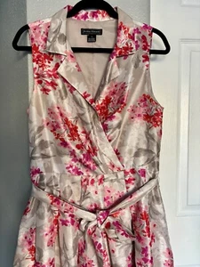 Jessica Howard Gray Pink Floral Dress 14 Sleeveles Belted Fit And Flare V Neck - Picture 1 of 17
