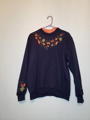 Sudadera BonWorth Mujer M Manga Larga Bordada Pullover Azul Hojas Otoño Foto 1 de 4