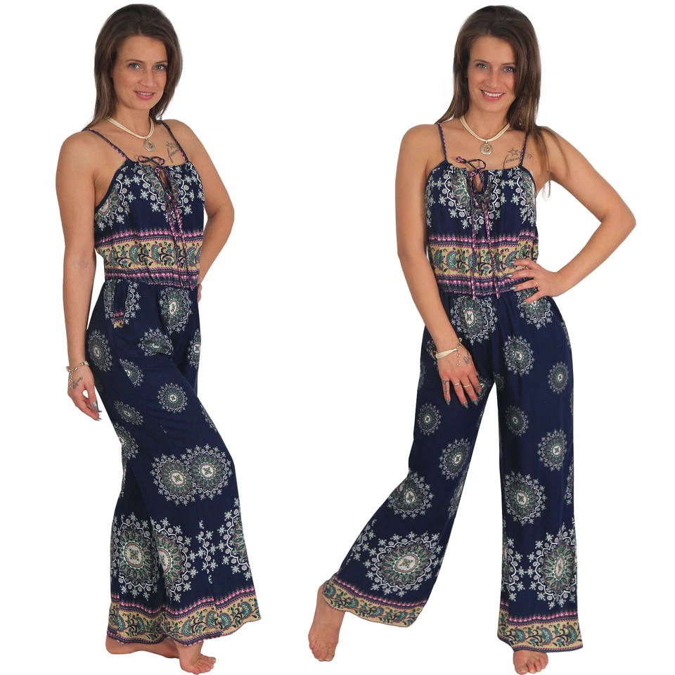 Overall Jumpsuit Einteiler Stretch Hosen Anzug Indisches Muster Party Träger - Bild 1 von 1