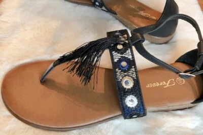 FOREVER RONNIE Women’s Black Embroidery Mirror Tassel Boho SANDALS Size 8.5 NWB - Image 1 of 3