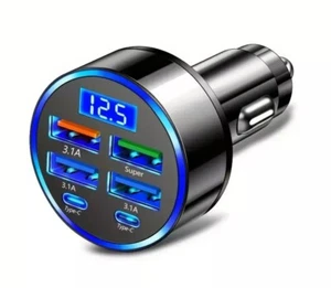 6-in-1 Fast Charging Car Phone Charger with LED Display - 4 USB A and dual PD C - Picture 1 of 7