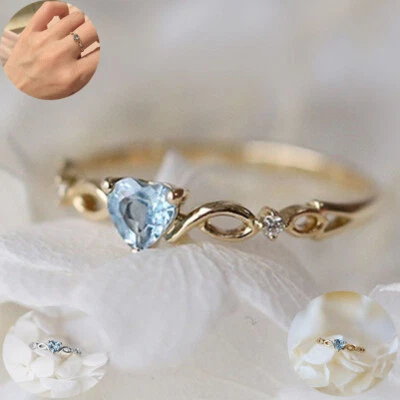 Wedding Aquamarine Ring Women Men's Jewelry 14K Yellow Gold Plated Heart Sz6-10 - Image 1 of 4
