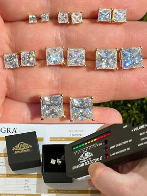 Real MOISSANITE Square Princess Stud Earrings 14k Gold Plated Passes Tester - Image 1 of 4