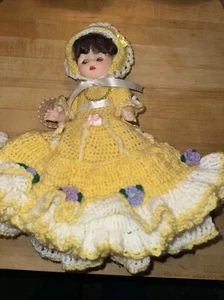 13” Doll In Handknitted Yellow & White Dress W/ Purple Flower Accents And Hat - Picture 1 of 7