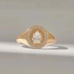 3CT Pear Cut Certified VVS1/D Moissanite Pinky Band Ring 14K Yellow Gold Plated - Picture 1 of 11