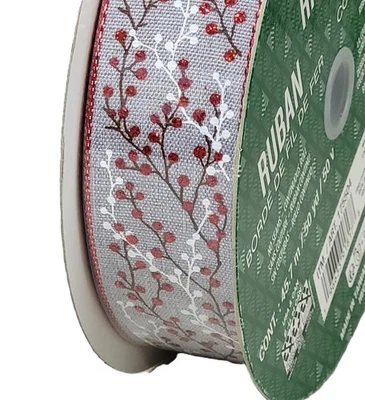 Kirkland Wire Edged Gray Ribbon with Red and White Holly Vines 50 yd X 1.5 in - Image 1 of 3