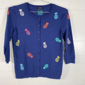 Cardigan Talbots maglione donna medio petite blu stampa ananas manica 3/4 - Foto 1 di 12