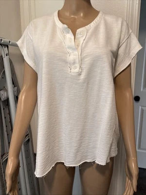 Splendid Cap Sleeve Henley Sweatshirt Material Raw Edges White Size M - Image 1 of 4
