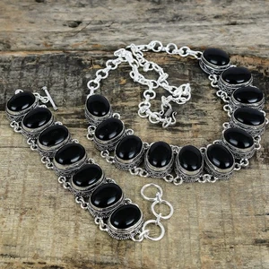 Onice Nera Gemma 925 Argento Sterling Artigianale Gioielli Collana Bracciale Set - Foto 1 di 6