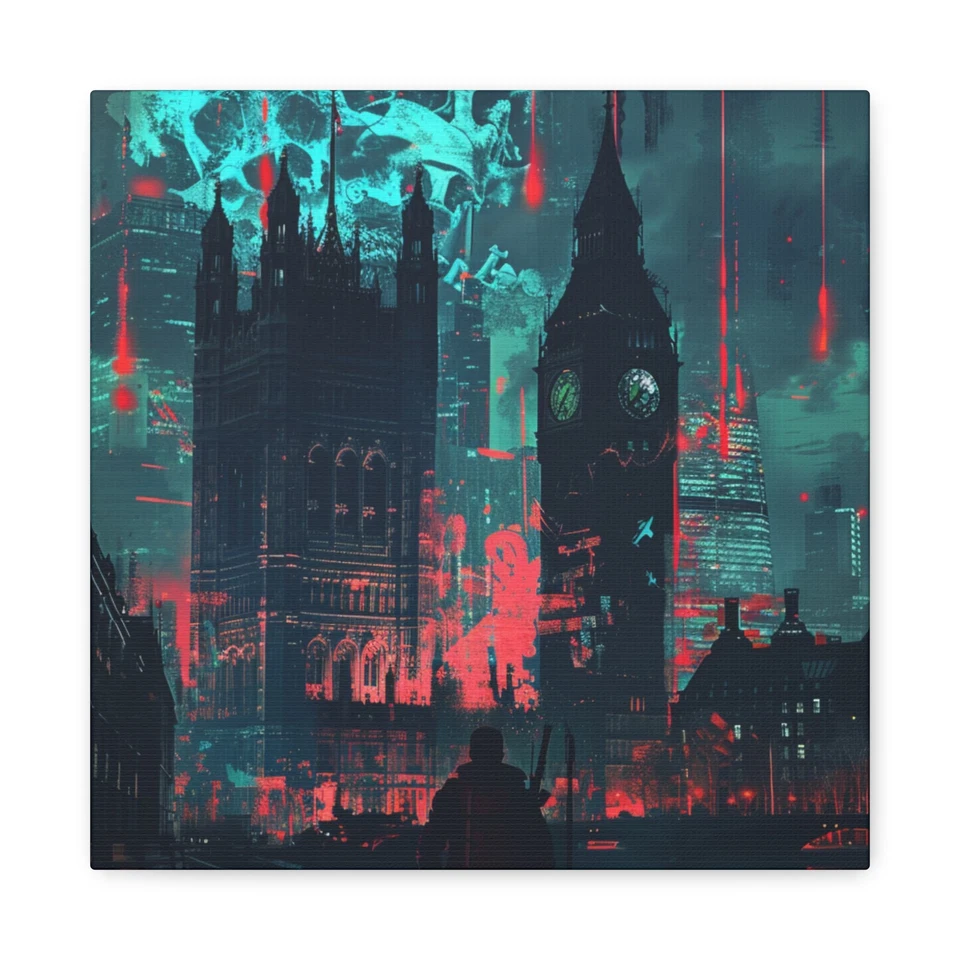 Cyberpunk London Canvas Wall Art Neon Rain After the Fall Print - Image 1 of 1