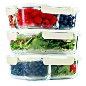 1 & 2 & 3 Compartment Glass Meal Prep Containers with BEIGE Lids (3 Pack, 35 oz) - Picture 1 of 7