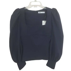Neu mit Etikett Zara Oberteil Puffärmel quadratischer Ausschnitt blau marineblau Boho Medium - Bild 1 von 12