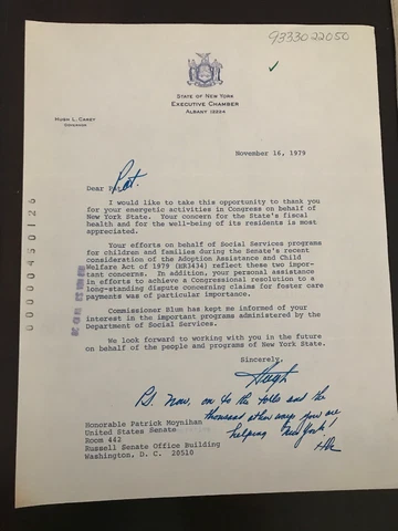 Hugh Carey 1979 Typed Letter Signed -To NY Senator Daniel Patrick Moynihan - NYC Cover