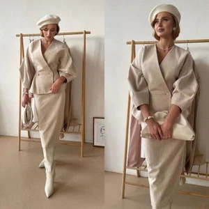 Traje para mujer mezcla de lana cuello en V envolvente falda nalga invierno informal ropa deportiva 2 piezas - Imagen 1 de 13