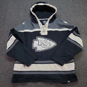 Kansas City Chiefs Hoodie Men XXL Black 47 Brand Lacer Hockey Style Sweatshirt - Picture 1 of 13