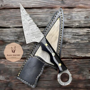 Handmade Fire Damascus Steel Tracker Knife Bull Horn Handle With Leather Sheath - Picture 1 of 7