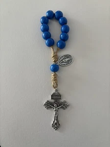 Jute Twine, Miraculous, Crucifix, Blue Wood Catholic Rosary Beads, One Decade - Picture 1 of 1