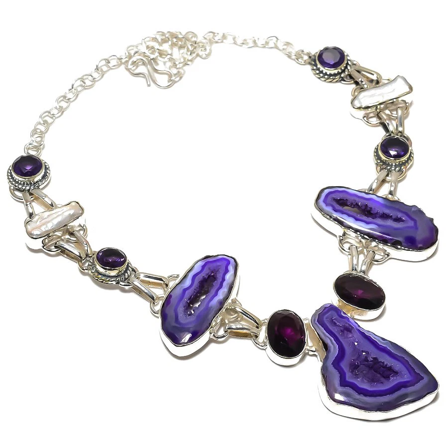 Purple Solar Quartz Druzy Amethyst Pearl Gemstone Silver Plated Necklace 18" - Image 1 of 1
