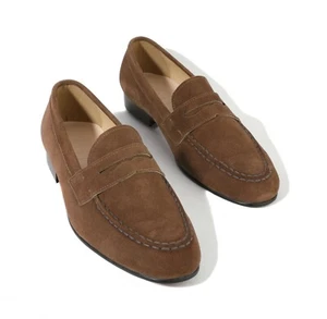 Firenze Atelier Men's Brown Suede Apron Toe Penny Loafers Flat Slip-on Shoes - Picture 1 of 13