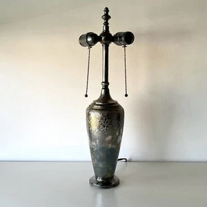 1930s Wilcox Silver Plate Co Table Lamp Engraved Antique Two Bulb Light - Picture 1 of 8