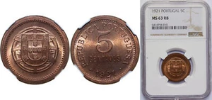 Portugal 1921 5 Centavos Bronze NGC MS 63 RB - Picture 1 of 1