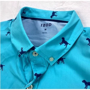 NWT IZOD Mens Medium SS CLAS BREEZE Shirt Blue Dog Print Button Down Casual - Picture 1 of 9