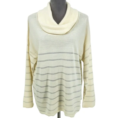 Suéter feminino Coldwater Creek grande 14 bege mistura de lã merino listra gola alta - Imagem 1 de 4