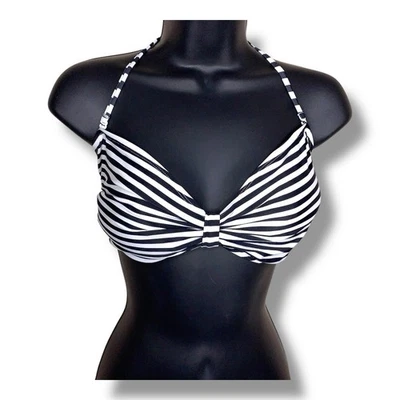 XL Antiguo Azul Marino Negro Blanco Rayas Bikini Top de Natación Tazas Extraíbles Halter Barbie Foto 1 de 4