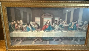 Vintage gerahmter Druck Das letzte Abendmahl mit goldenem Holzrahmen Jesus Jünger LESEN - Bild 1 von 14
