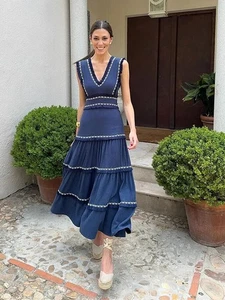 Damen Vintage V-Ausschnitt ärmellos hohe Taille Roben 2025 Sommer Lady Party Kleid - Bild 1 von 17