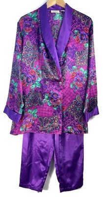 Conjunto de pijama vintage Victoria’s Secret etiqueta dourada cetim L roxo floral 2 peças anos 90 - Imagem 1 de 4