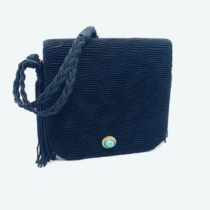 Vintage Black Evening Bag Wavy Texture Gold Turquoise Accent Braided Handle 80s - Picture 1 of 13