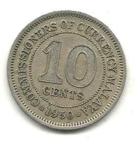 A VINTAGE HIGH GRADE NICELY DETAILED 1950 MALAYSIA - MALAYA 10 CENTS!!-D103 - Picture 1 of 2