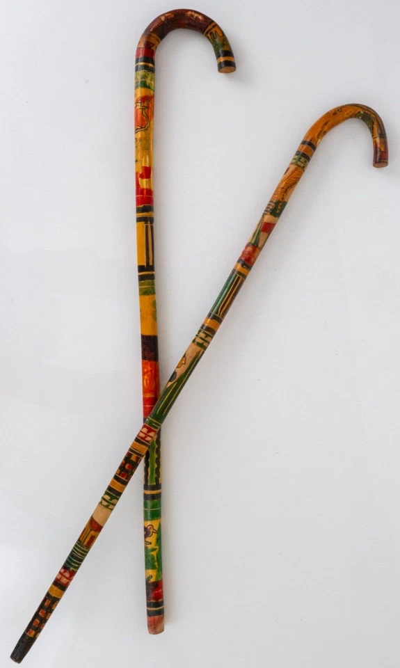 2 Vintage Mexican Hand Painted & Carved Walking Sticks Colorful Aztec Motif - Image 1 of 4