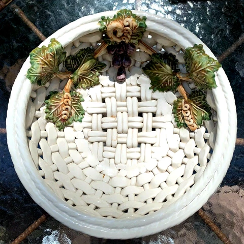 Vintage Ceramic Woven Bread Basket Handmade Hand Painted Portugal Fruit Basket Cover