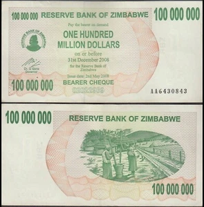 100 x Zimbabwe 100 Million Dollars Bearer Cheque, 2008, P-58, Used - Picture 1 of 2