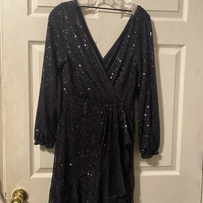 Nanette Lepore Blue Navy Sequin Wrap Long Sleeve Dress - Size 8 - Imagem 1 de 4