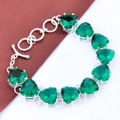 Encantadoras pulseras de cadena de plata con piedras preciosas de cuarzo verde corte triángulo 8" Foto 1 de 4