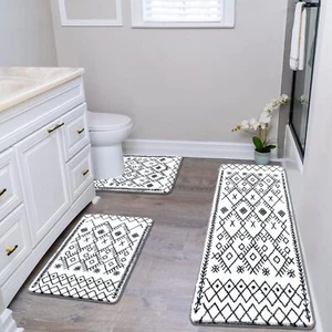 Bathroom Rug Set of 3 Piece Boho Shower Rugs Mat 26"x18"+48"x18"+24"x20"U-Shaped - Picture 1 of 7