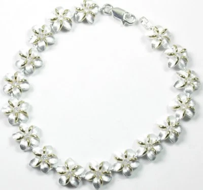 Pulsera nupcial y flores de plumeria dos tonos y circonitas cúbicas boda esterlina Foto 1 de 2