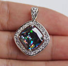 18K White Gold Filled - Big Square Rainbow Zircon Topaz Party Silver Pendant BR