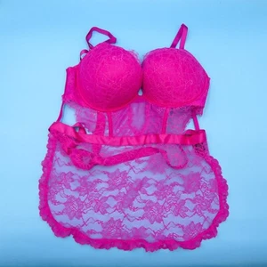 Victoria's Secret XXL Pink Bombshell Träger Push Up Schürze Spitze Teddy Dessous VS - Bild 1 von 11