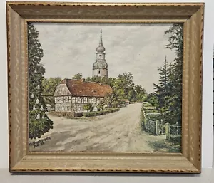Vintage Oil Painting on Board GERMAN VILLAGE WITH CHURCH Signed Schneider - Picture 1 of 7