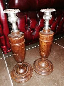 Vintage Turned Wood oak Candlestick Holders Pair