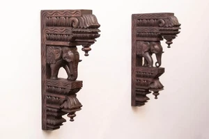 Elephant Statue Wooden Wall Bracket Corbel Vintage Decor Entry Way Bell Hanger - Picture 1 of 6