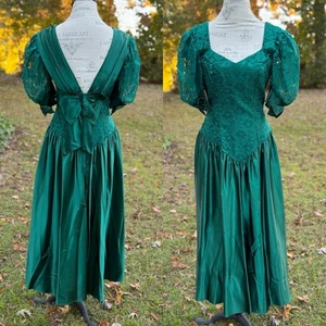Vestido Vintage Años 80 90 Alfred Angelo Verde Satén Cintura Caída Encaje Lazo Talla 11/12 - Imagen 1 de 10