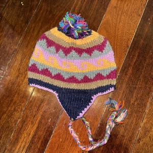 Nepal Hand Made Knit Sherpa Hat Ear Flaps Trapper Ski Heavy Wool Fleece Cap - Picture 1 of 6
