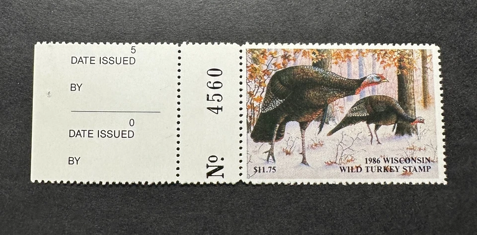 WTDstamps - 1986 WISCONSIN - State Turkey Upland Bird Stamp - MNH **Agent Tab** - Image 1 of 2